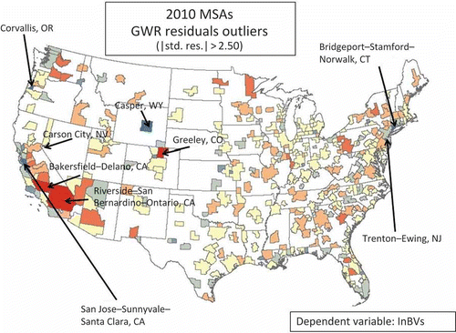 Figure 3. 2010 MSAs GWR residuals map.