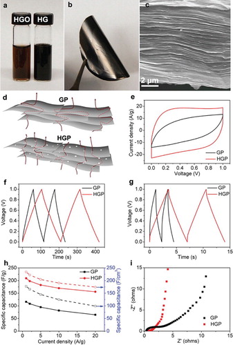 Figure 15. Preparation and electrochemical characterizations of hG paper (HGP) and graphene paper (GP)-based supercapacitors in 1.0 M H2SO4 aqueous electrolyte. (a) Photographs of aqueous dispersions of hGO and hG. (b) Photograph of a free-standing flexible HGP with a thickness of ∼9 µm. (c) SEM image of the cross-section of the HGP. (d) Schematic illustration of ion diffusion pathways across the GP and HGP. (e) Cyclic voltammetry (CV) curves at a scan rate of 200 mV/s. Galvanostatic charge/discharge curves at a current density of 1 A/g (f) and 20 A/g (g). (h) Specific capacitances vs. current densities. (i) Nyquist plots. Reproduced from Ref. [Citation52] with permission from American Chemical Society.