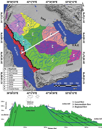 Figure 5. Fluvial channel and mega-basin maps derived from SRTM DEM using D8 algorithm (a), and ENE–WSW topographic profile across the Saudi Arabia, showing flow direction and flow type in the region.