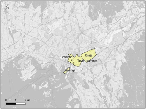 Figure 1. Map showing the location of the four neighbourhoods in Oslo.