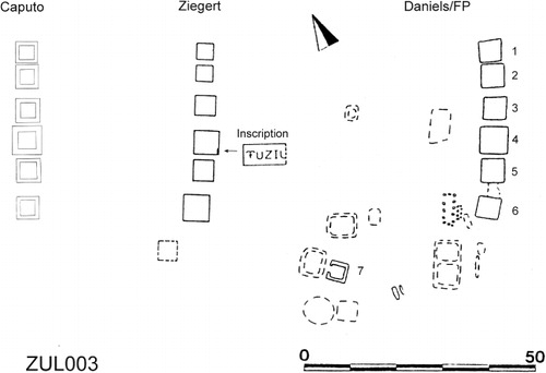 Figure 5. Plans of the tombs of the Banū Khaṭṭāb at Zuwīla (after Pace et al. Citation1951; Ziegert Citation1969; Daniels).