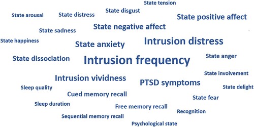 Figure 3. PTSD symptoms, as assessed as outcomes in the primary studies. The size of the words indicates the frequency of their assessments.