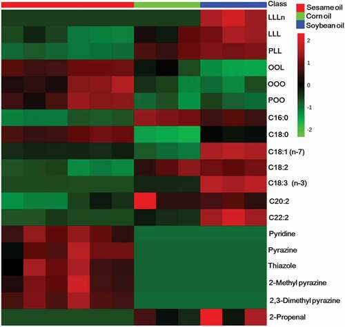 Figure 1. Heat map of triacylglycerol, fatty acid, and volatile organic compound compositions of pure sesame, corn, and soybean oils.