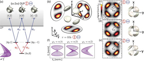 Figure 4. (a) Excitation scheme for second-order frequency mixing in the perturbative MPI of K atoms using (ω:2ω) OLP fields. The relative phase of α=π describes (ω:2ω) OLP fields in the circular basis. (b) Measured real-valued photoelectron wave packet |dxy⟩=|d,2⟩+|d,−2⟩ with c4 rotational symmetry. (c)–(e) Measured x-y-sections taken through tomographically reconstructed photoelectron wave packets. Tilting the polarization of the red field leads to an inhomogeneity and a rotation in the azimuthal interference pattern, as shown in (d) and (e). Right: comparison to simulated 3D electron densities. (f) Polarization profiles of Lissajous-type (ω:2ω) OLP fields for different relative phases φ1 between both colors.