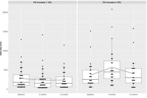 Figure 4 Boxplots showing daily step count at baseline and 3- and 12-month follow-up visits in participants increasing their PA ≥ 15% (difference from baseline to end of study 303 (1170) steps) and participants increasing their PA < 15% or decreasing their PA (−742 (1472) steps), p = 0.007. Data are mean (SD). Solid grey line: mean.