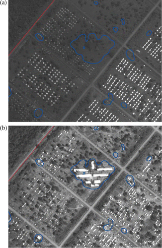 Figure 10.  Menik Farm – Zone 4. Example of the structures’ appearance detected correctly: pre-image (left) and post-image (right). WorldView-1 imagery © Digitalglobe 2009 and GeoEye-1 imagery © GeoEye 2010, both distributed by e-GEOS.