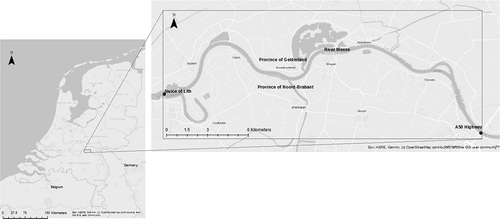 Figure 1. Left: map of the Netherlands with the location of the study area marked in the south of the country. Right: Map of the study area. The study area consists of two opposite sides of the river Meuse between the sluice of Lith and the A50 highway that crosses the river. The northern part of the study area is the Province of Gelderland, the southern part is the Province of Noord-Brabant.