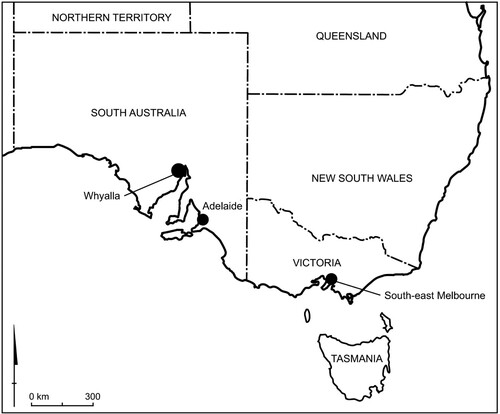 Figure 2. Locality map: south-east Melbourne and Whyalla, Australia.
