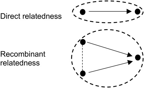 Figure 1. Direct and recombinant relatedness. Solid lines indicate direct relatedness. Dashed line indicates recombinant (indirect) relatedness.