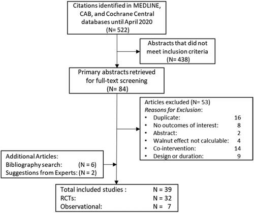 Figure 1. Study flow diagram showing the number of abstracts identified (n = 522); abstracts not meeting criteria (n = 438); full-text articles retrieved (n = 84); full-text articles excluded after screening (n = 53); full-text articles added from grey literature search (n = 6); full-text articles suggested by key informants (n = 2); full-text articles meeting study eligibility criteria (n = 39); eligible randomized controlled trials (n = 32), and observational studies (n = 7).