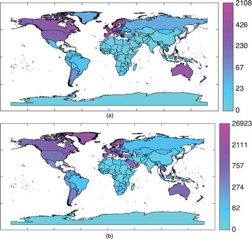 Figure 1. Penetration of (a) Flickr and (b) Twitter into countries all over the world as number of users who travel abroad per one million of population.