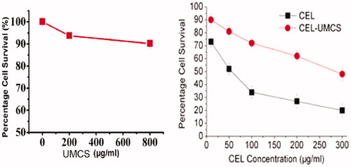 Figure 4. Cytotoxicity study of UMCS, pure CEL and CEL-UMCS on Caco-2 cells. (A) Cells were treated with different concentrations of UMCS for 48 h. (B) Cells were treated with different concentrations of pure CEL and CEL-UMCS suspensions with the same drug molar concentrations for 48 h.