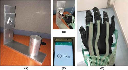 Figure 2. Apparatus used in strength and endurance pinch testing. (a) Test apparatus with cylindrical palm rest and adjustable pinching position. (b) Finger pinch test on binder clip. (c) Stop watch measuring pinch duration. (d) Experiment gloves with Tekscan Grip System.