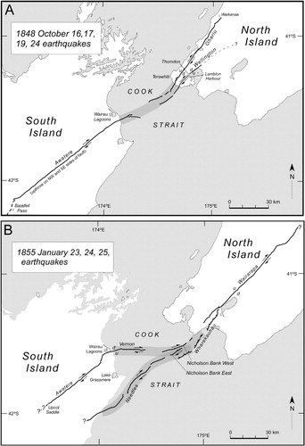 Figure 10 A, Map showing inferred fault ruptures related to the 1848 earthquakes as described in text. Thick grey line shows inferred 1848 seismogenic zone across Cook Strait. B, Map showing inferred fault ruptures related to the 1855 earthquakes as described in text. Thick grey lines indicate inferred 1855 seismogenic zones across Cook Strait; barbed lines indicate thrust fault (i.e. Wharekauhau Fault). On both maps the sense of horizontal (opposing arrowed lines) and vertical (u: up; d: down) fault displacement are shown. Cook Strait faults after Pondard & Barnes (Citation2010).