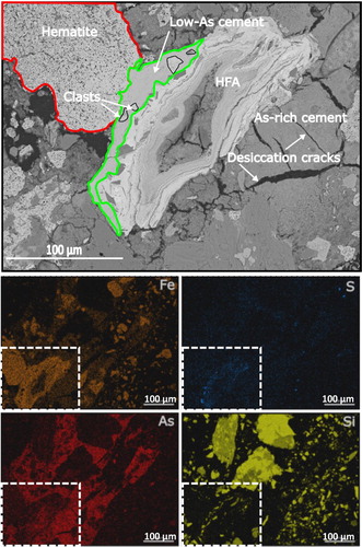 Figure 5. Scanning electron microscopy images of the cement in the red tailings, with electron backscatter image at top showing a particle from roaster with a partially oxidised rim and two generations of cementation. Energy-dispersive spectroscopy element maps (middle and bottom) show the distribution of Fe, S, As and Si in the immediate vicinity of the roaster particle (indicated in boxes).