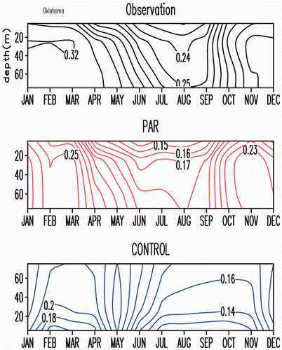 Figure 5. Monthly soil moisture climatology profile from observations (top panel), PAR (middle panel) and Control experiment (lower panel). Soil moisture units are m3 m−3 and depth is in cm.