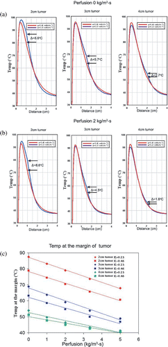Figure 7. Computer-modelled effect of perfusion on temperatures at the ‘tumour’ margin for tissues with different thermal conductivities with different tumour sizes. Decreased thermal conductivity within background tissue (i.e. increased lipid content—0.23 W m−1°C for fat and 0.46 W m−1°C for normal soft tissue) can significantly increase the temperature difference (ΔT°C) at the margin of tumour in the absence of perfusion (a) and with a perfusion of 2 kg m−3 s−1 (b). This ‘oven’ effect is diminished as tumour diameter increases. (c) Furthermore, there is a decreasing linear relationship between increasing perfusion and temperatures at the margin at the interface of tumour and surrounding tissue for all tumour sizes (2–4 cm in diameter) (r2 = 0.94–0.99).