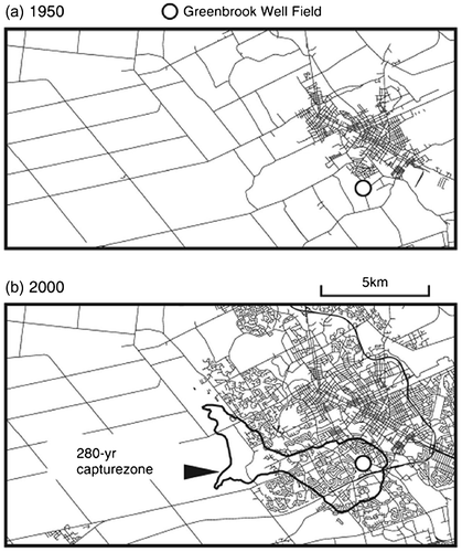 Figure 3. Urban growth in the area of the Greenbrook well field from (a) 1950 to (b) 2000. Figure 3b also shows the capture zone for the well field obtained from the 280-year capture probability plume (from Bester et al. Citation2006, with permission).