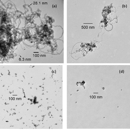 Figure 3. Particles in exhaust gas collected on TEM grid: (a) a portion of a large nanotube cluster, (b) two nanotube clusters, (c) spherical particles and fine filament, and (d) spherical particles passing SFCA filter. Panels (a) and (b) are low-temperature results, (c) and (d) are high-temperature results.