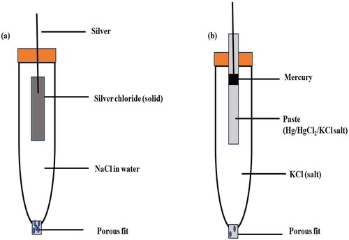 Figure 1. Diagram of (a) silver/silver chloride electrode and (b) calomel electrode.