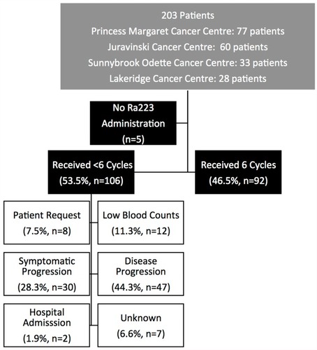 Figure 1 Consort diagram and listing of reasons for early Ra223 discontinuation. One hundred and six of 198 patients (53.5%) did not receive 6 cycles of Ra223, and disease progression was the most common reason for early treatment discontinuation in those patients.
