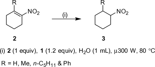 Scheme 2. Chemoselective microwave reduction of 1-substituted-2-nitro-1-cyclohexenes.
