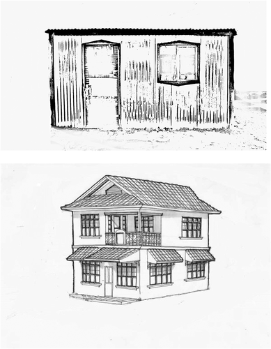 Figure 1. Line drawings of lower (top) and higher (bottom) material wealth homes used in the vignette elicitation