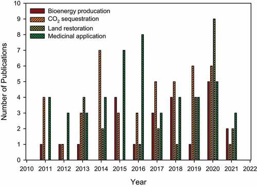 Figure 1. The number of publications on bioenergy production, CO2 sequestration, land restoration, and medicinal application of bamboo (Source: Web of science).