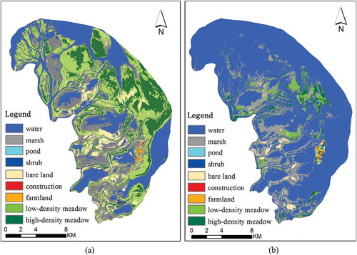 Figure 7. The classification maps of the Nanjishan wetland: (a) wetland map on 21 December 2013 and (b) wetland map on 17 September 2014.