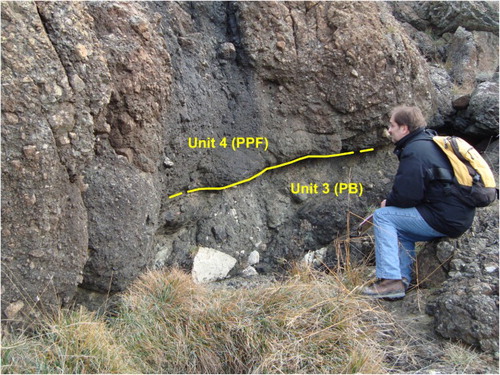 Figure 3. Polygenic breccias composed of blocks of light gray limestone or marly limestones and marly limestone gray-green fragments held together by a fine-grained matrix or a mineral cement (PB unit).