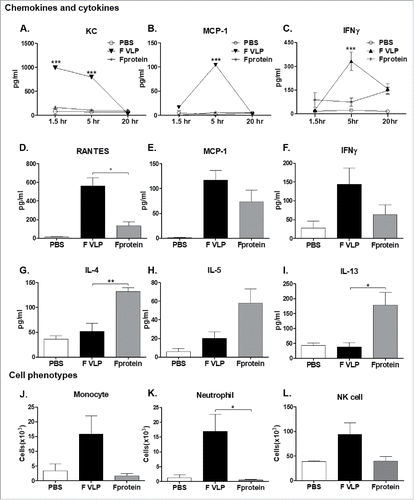 Figure 8. Acute responses of cytokines, chemokines, and cellular infiltrates at the site of injection with (F)VLP or (F)protein. BALB/c mice (n = 3) were intra-peritoneally injected with PBS, F VLP, or F protein. (A-C) Kinetics of cytokines and chemokine levels in sera from adjuvant injected mice (n = 3) mice per group). ***; p < 0.001 compared with naïve group (PBS only). (D-I) Cytokines and chemokines in peritoneal exudates at 24h after injection. (J) Monocytes: CD11b+Ly6c high F4/80+, (K) Neutrophils; CD11b+Ly6c+F4/80-, (L) NK cells; DX5+CD3-, data were shown as mean ± SEM. Statistical significances were calculated by 1-way ANOVA and Tukey's multiple comparison test. ***; p < 0.001 **; p < 0.01, and *; p < 0.05, as indicated among the groups. Naïve; unimmunized mice, F VLP; F VLP immunized mice, F protein; 0.1 μg RSV F protein with alum adjuvant. Group information of D-I were same as J-L.