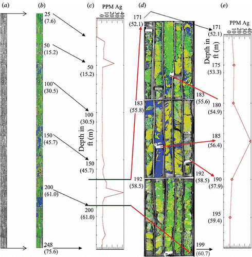 Figure 11. A variety of different representations of the scanned boxed core and mineralogy are shown. The left image (a) is the full 248 ft (76 m) of core stacked by box (band 195 at 2.196 μm image shown). (b) Full core mixture tuned matched filtering (MTMF) mineral map in box-stacked format. (c) Full core silver (Ag) analysis in PPM as determined using atomic absorption (AA) elemental analysis. (d) Zoomed portion of the core associated with elevated silver values. Core depth increases from the upper left to the lower right of each box. The corresponding zoomed silver analysis is shown in (e). Arrows trace approximate depth relationships. Each box contains a range of depths, so it is not a straight depth-to-image Y-position relationship. Following the arrows, note the association of kaolinite and mixed jarosite/illite-muscovite with the higher silver values. This again suggests to us an association of more acidic conditions with the boundaries between areas containing sulphides and more oxidized materials. Cores were acquired and depths originally measured in feet and this is how they are marked in the core boxes and in the figure. Approximate corresponding depths in metres are shown in parenthesis. One foot equals approximately 0.3084 m.