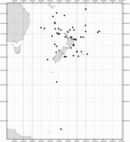 Figure 1 Geographic distribution of New Zealand mastigoteuthid specimens examined in this study.