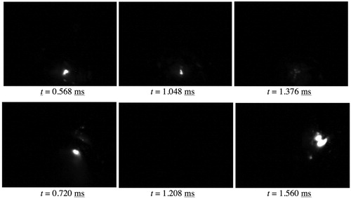 Figure 23. Set of stills from a high-speed video taken during PEO processing at 2.5 kHz, with the times corresponding to those in Figure 22(c) and (d).