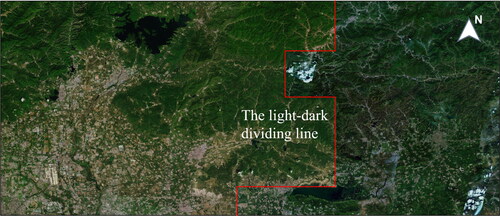 Figure 6. Remote sensing map of Beijing Pinggu district with images from different periods. The left region is light and the right region is dark.