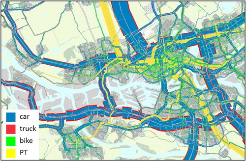 Figure 2. Loads of transport model Rotterdam Region per mode: car, truck, bike and public transport (PT). The larger the bands, the larger the amount of traffic