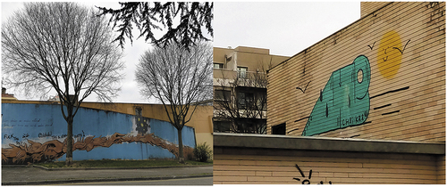 Figure 1. Mural at the entrance of one of the neighborhoods and a wall painting on the front of a building (photographed by Kamy and Hyro respectively).