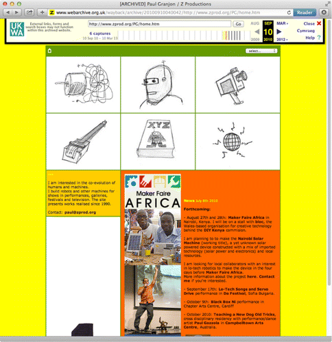 Figure 1. Screen grab from archived copy of Paul Granjon's website documenting ‘Z Lab Presents’. The Live Art Collection, September 2010.