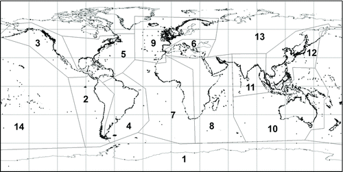 Figure 1 The UKHO tide gauge locations, including bounds defined for regional statistics.