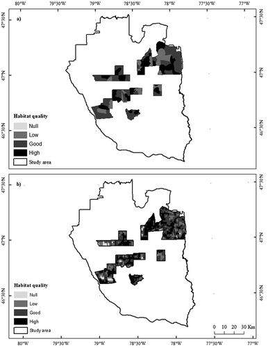 Figure 2. (a) Moose habitat suitability as determined by Algonquin hunters within the 16 family hunting grounds. (b) Moose HSI model calculated for the 16 family hunting grounds.