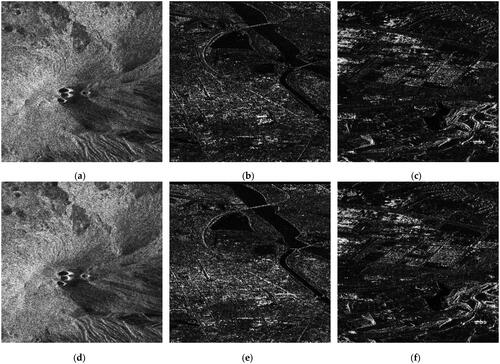 Figure 3. Amplitude map of the image to be registered: (a, d) the two amplitude maps for the first group of images respectively; (b, e) the two amplitude maps for the second group of images respectively; (c, f) the two amplitude maps for the third group of images respectively.