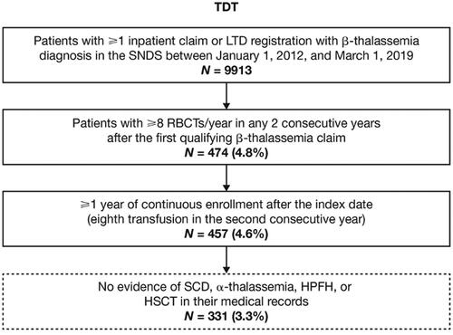 Figure 1. Patient attrition. Abbreviations: HPFH, hereditary persistence of fetal hemoglobin; HSCT, hematopoietic stem cell transplant; LTD, long-term disease; RBCT, red blood cell transfusion; SCD, sickle cell disease; SNDS, système national des données de santé; TDT, transfusion-dependent β-thalassemia. Note: Values presented in parentheses represent the proportion of patients with ≥1 inpatient claim or LTD database registration during the study period.