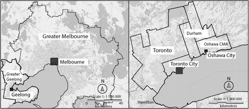 Figure 1. Greater Geelong and Oshawa.Note: Shown is the City of Greater Geelong and Greater Melbourne (left-hand side); the Oshawa Census Metropolitan Area (CMA), the Region of Durham, the City of Toronto and Toronto CMA (right-hand side). The Oshawa Census Metropolitan Area contains the City of Oshawa, the Town of Whitby and the Municipality of Clarington.
