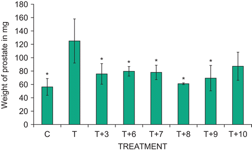Figure 3.  Weight of prostate (± standard deviation) obtained from groups of castrated hamsters (four animals/group) receiving different subcutaneous treatments for 6 days. The control animals (C) were treated with vehicle only. The pharmacological experiment was carried out in duplicate. T, testosterone; 3, finasteride. *Weight of prostate decreased significantly (p < 0.05) as compared to that of T-treated animals.