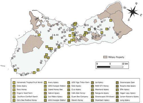 Figure 2. Distribution of wild-living colonies (x) and apiaries (Display full size) on Guam from 2014 to 2020.