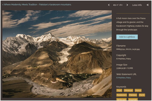 Figure 4 Screenshot of a photo and its description in Matthieu Paley’s web album of scenes from northern Gilgit-Baltistan, published in 2016. (Shot taken by the author, 2021)