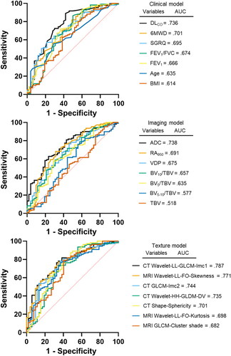 Figure 5. Receiver-operator characteristic curves of texture features and clinical variables. Top Panel: Logistic regression analysis of individual clinical variables at predicting 10-year all-cause mortality in ex-smoker participants. DLCO had the best AUC=.736. Middle Panel: Logistic regression analysis of standard imaging measurements at predicting 10-year all-cause mortality in ex-smoker participants. 3He ADC had the best AUC=.738. Bottom Panel: Logistic regression analysis of imaging texture features at predicting 10-year all-cause mortality in ex-smoker participants. CT Wavelet-LL-GLCM-Imc1 had best AUC=.787.