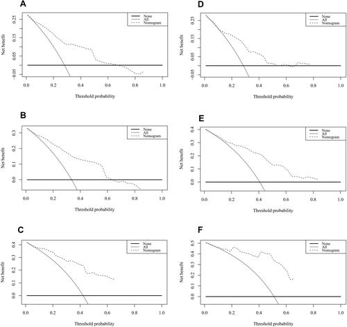Figure 5 Decision curves of the nomogram predicting OS at (A) 3 years, (B) 5 years and (C) 10 years in the training cohort and at (D) 3 years, (E) 5 years and (F) 10 years in the validation cohort.