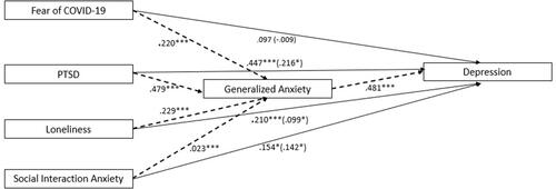 Figure 3 Measurement model testing the relationship between fear of COVID-19, PTSD, loneliness, and social interaction anxiety through generalized anxiety (whole sample).
