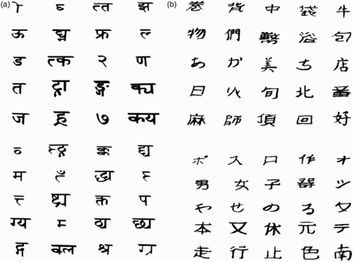 Figure A1 Examples of Hindi and Japanese characters used for the order reconstruction and recognition tasks.